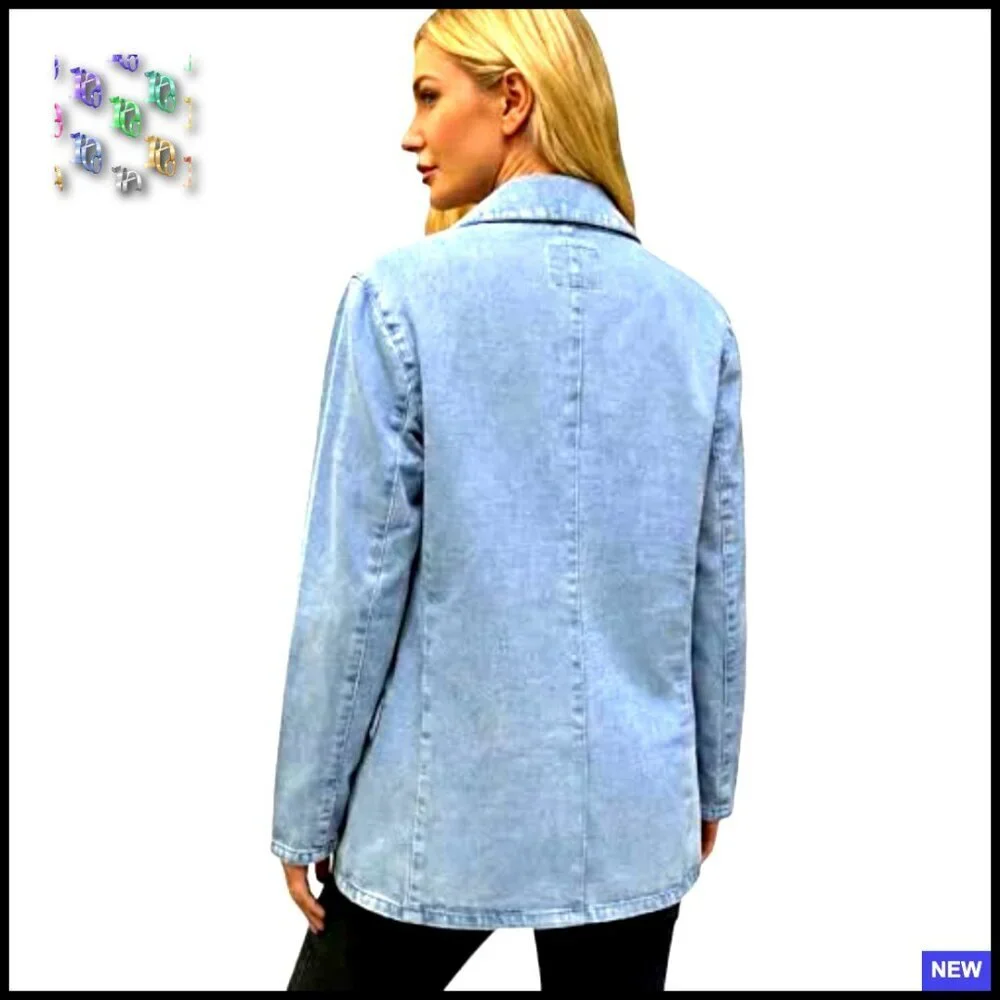 Oversized Denim Blazer Jacket Lightweight Distressed Open Front Chic